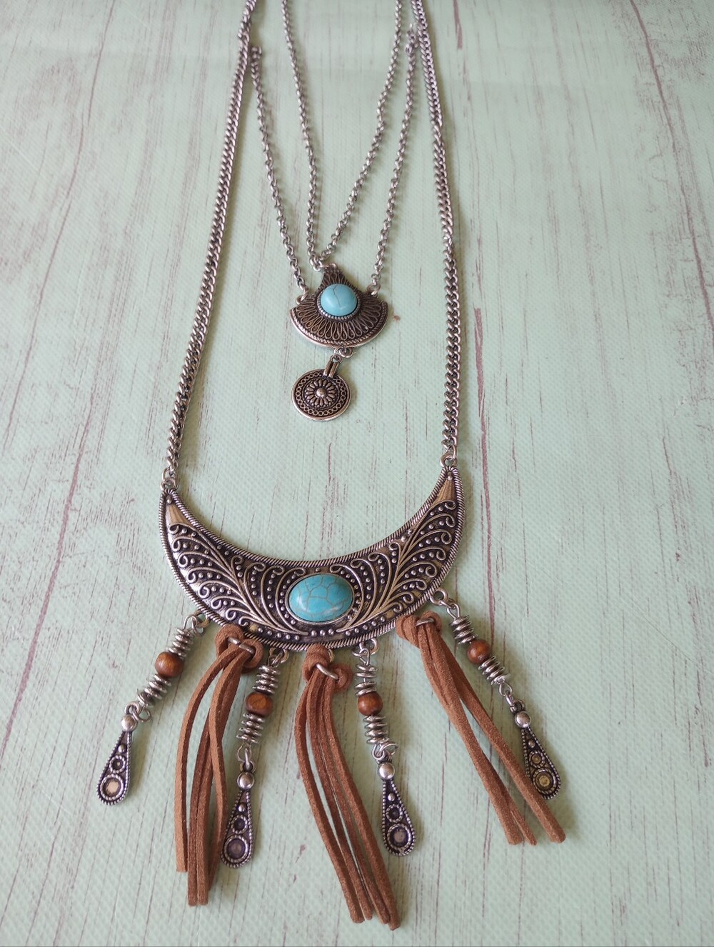 Southwest Style Faux Turquoise Layered Necklace Silver Tone Native American